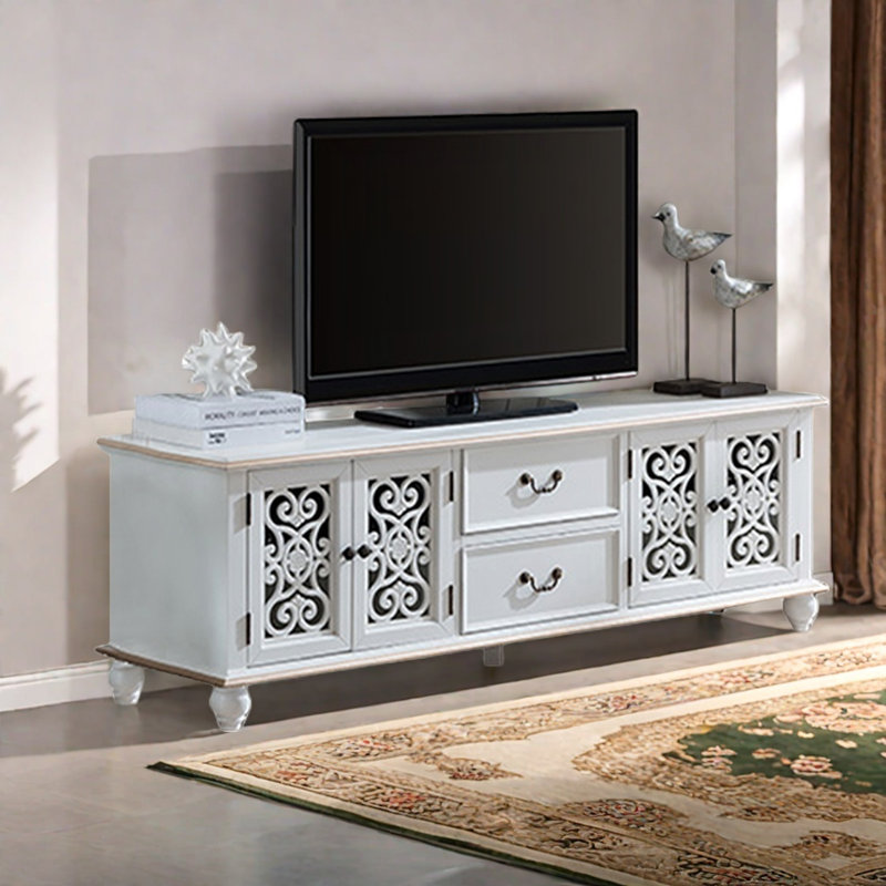 Meuble télé rétro, H 22,8 po x L 78,7 po x l 15,7 po, Argenté / blanc