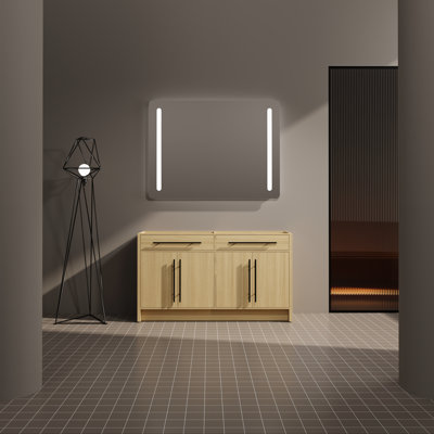 Armoire de meuble-lavabo à double cuve 58 11/16 po - Finition chêne clair avec tablettes réglables, portes à fermeture douce et poignées en métal (poignée argentée)