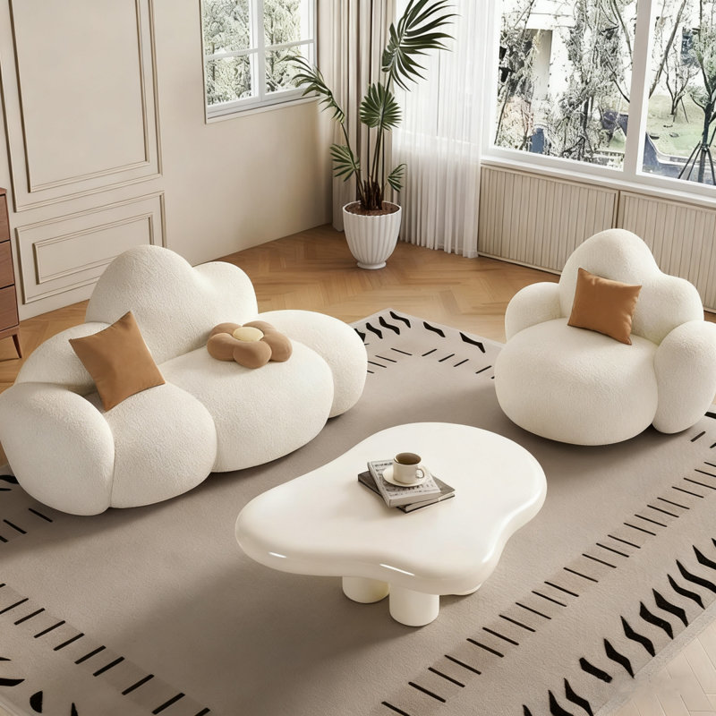 Modern French Light Luxury Coffee Table - 39.4-inch Solid Wood Tripod Cloud Shape Coffee Table Living Room Side Table, 3.15-inch Thick Tabletop, Cream Color