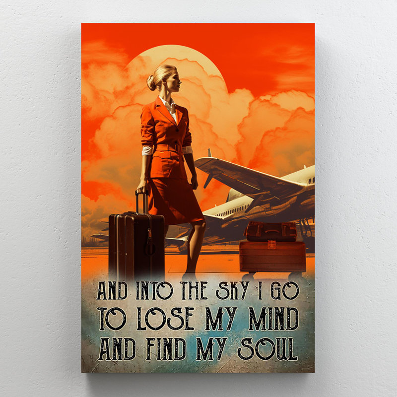 «Flight Attendant And Into The Sky I Go», reproduction d'art graphique sur toile tendue, H 20 po x l 16 po x P 1,25 po