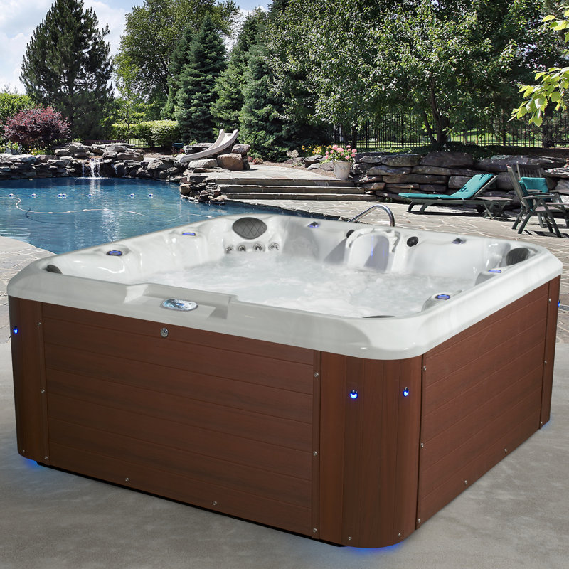Amplified 7-Person 100-Jet Non-Lounger Hot Tub Spa with Bluetooth Stereo, 3 Pumps, LED Lighting, Stainless Steel Heater and Ozonator, Insulated Cover and Steps Included