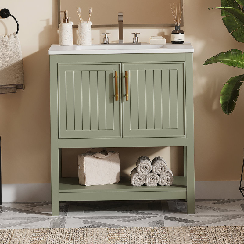 Meuble-lavabo de salle de bain avec lavabo en céramique et rangement polyvalent, Vert