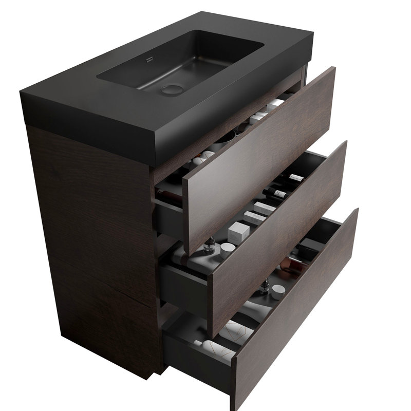 Meuble-lavabo de salle de bain de 91 cm (36 po) - Finition noyer, tiroirs silencieux et fluides, compartiments de rangement optimaux, élégant