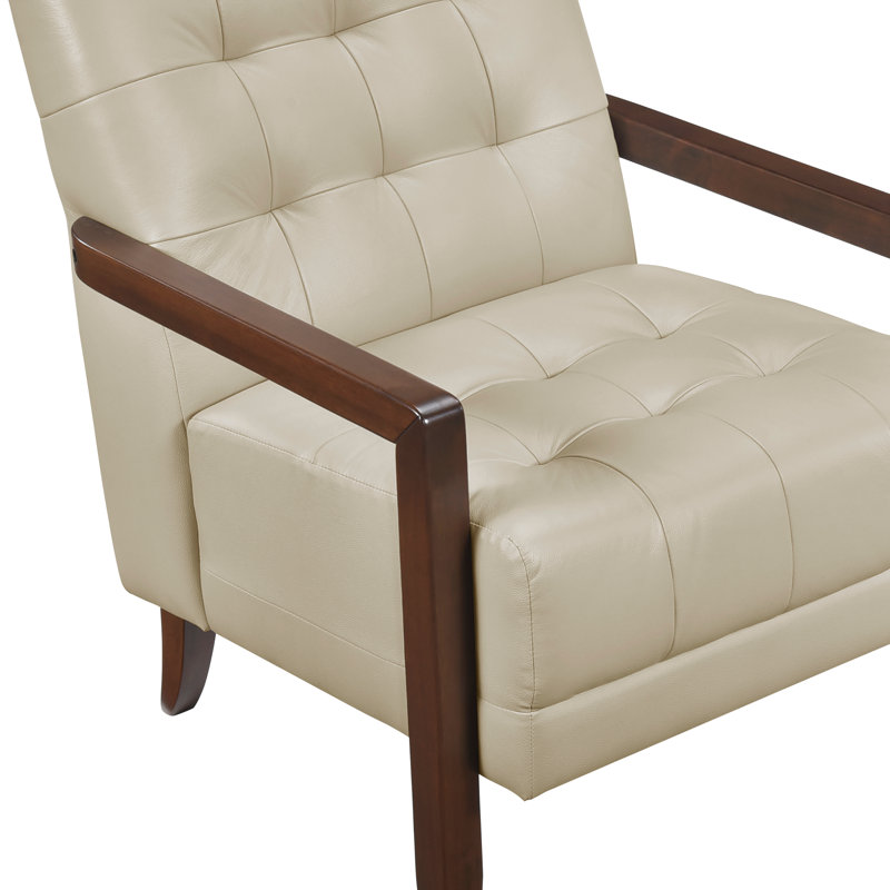 Chaise d'appoint de style moderne en cuir beige avec revêtement capitonné et détails en noyer, Beige
