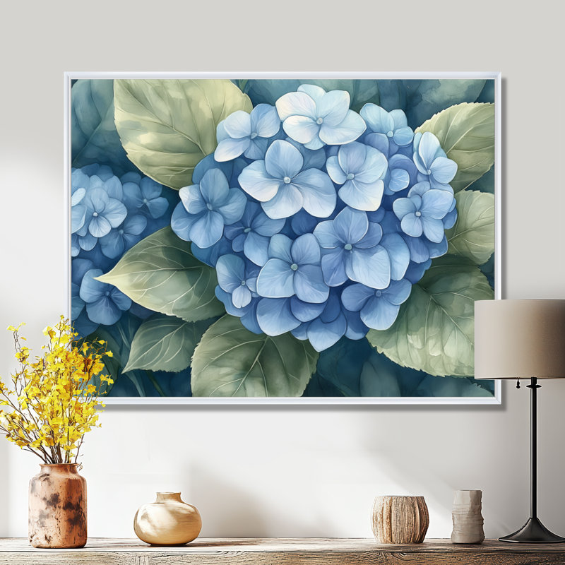 Hydrangées bleues proches I - décoration murale florale bleue, H 34 po x l 44 po, Cadre flottant blanc