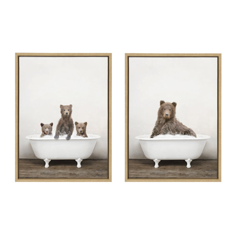 Three Bears Rustic Bubble Bath and Bear Rustic Bubble Bath by Amy Peterson Framed Canvas Wall Art Set