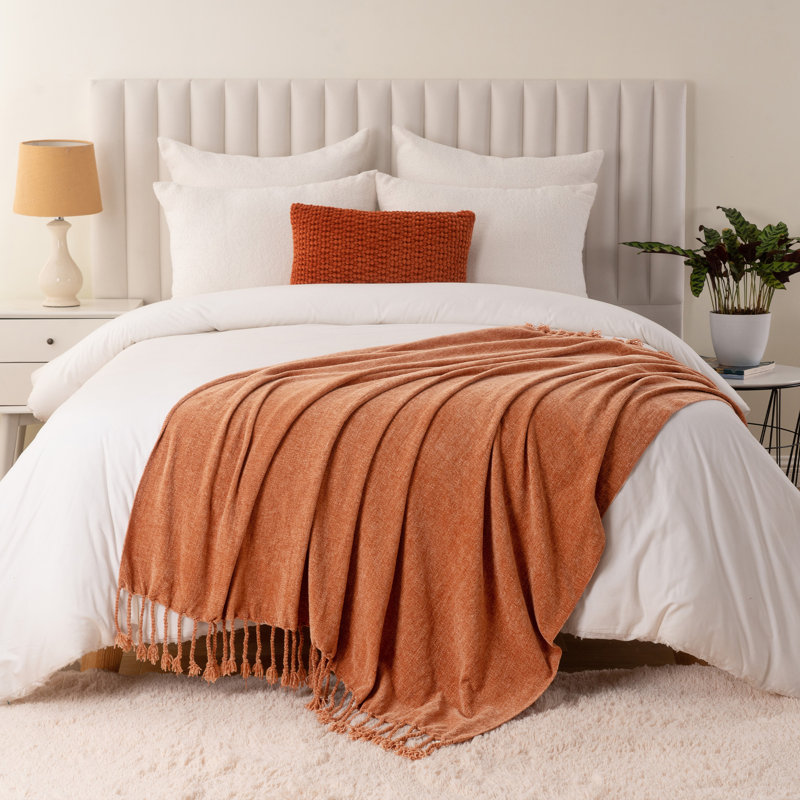 Jeté en velours Chenille, jeté décoratif à franges pour lit 50 po x 60 po, Caramel