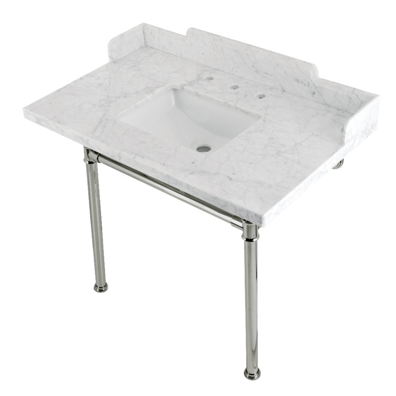 Kingston Brass Wesselman 36-Inch Carrara Marble Console Sink with Stainless Steel Legs (8-Inch, 3-Hole)