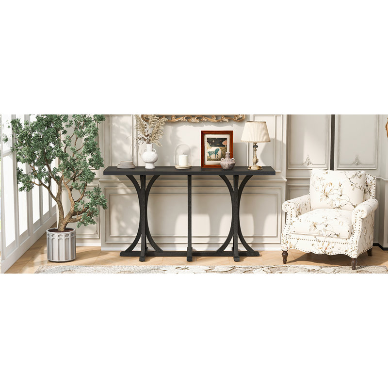 59.8'' Wooden Console Table With Oak Veneer Top,Farmhouse Entryway Table With Rubber Wood Slender Curved Legs,For Living Room,Entryway,Hallway, Dining Spaces.