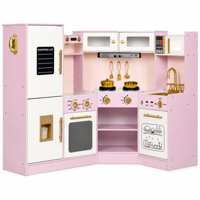 Wooden Kids Play Kitchen Set Corner Play Kitchen with Dish set, Pretend Cooking Set with Accessories