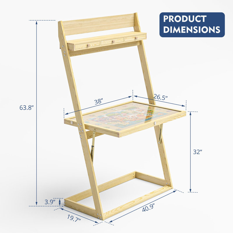 Table de puzzle réglable en bois massif avec tiroirs et tablette de rangement 