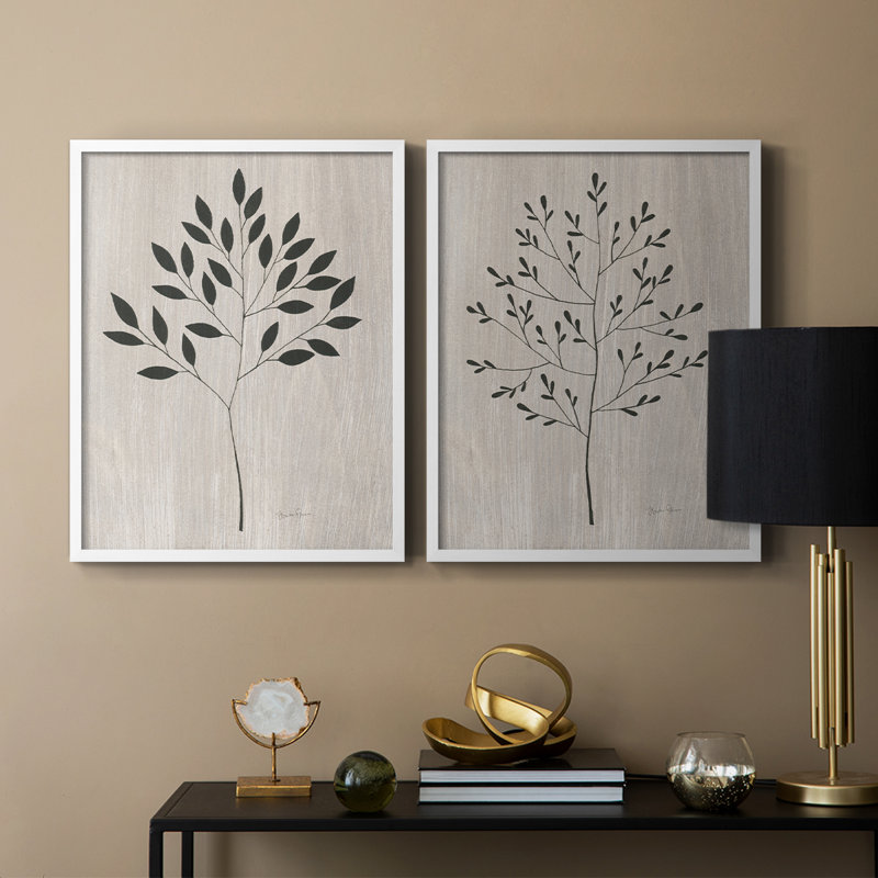 Feuilles et bois I - impression encadrée de qualité supérieure - prête à être accrochée - aucun clou requis - aucun clou requis