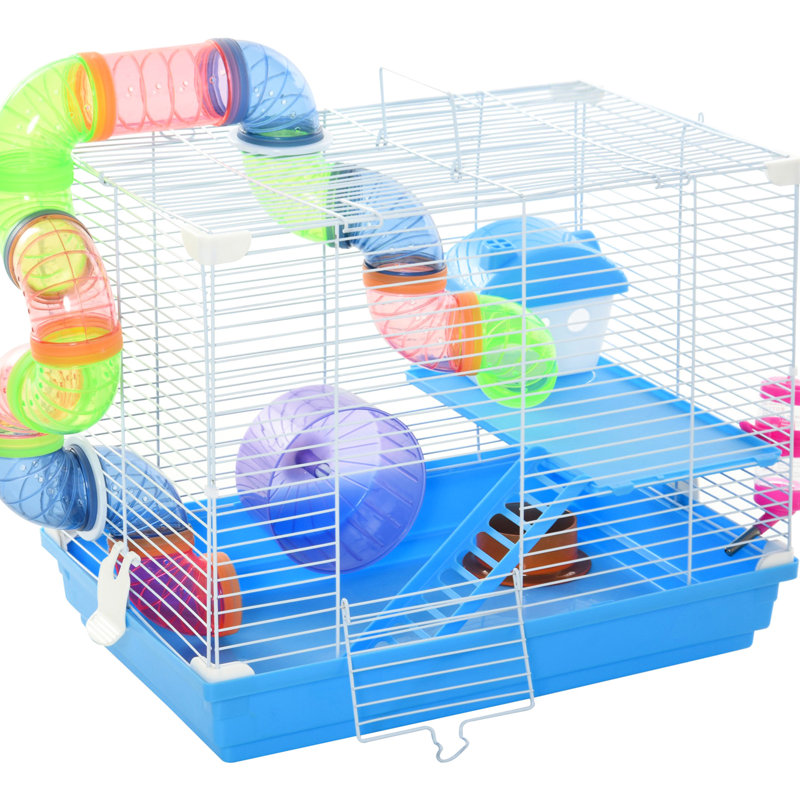 Cage à hamster 18 "2 en bleu avec roue et bouteille d'eau