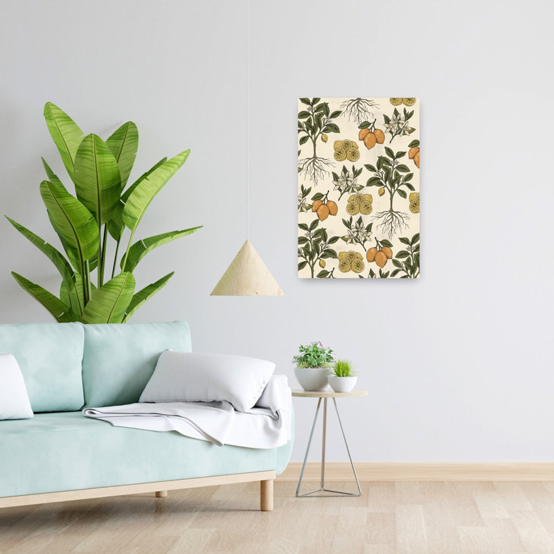 Art mural rétro avec motif botanique de citron, H 24 po x l 16 po