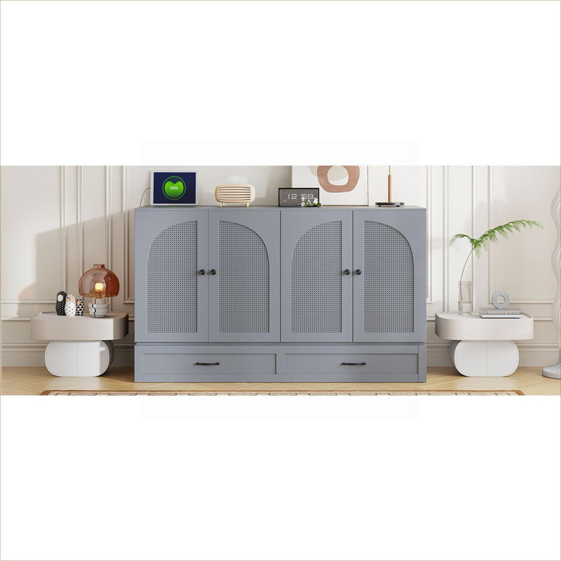Grand lit escamotable pliant avec rangement, fabrication en bois massif gris doux avec grands tiroirs intégrés pour les espaces compacts