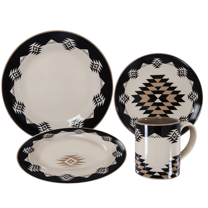 Chalet Cream/Black/Taupe Aztec Print Ceramic Southwestern Style 19 Piece Dinnerware and Canister Set