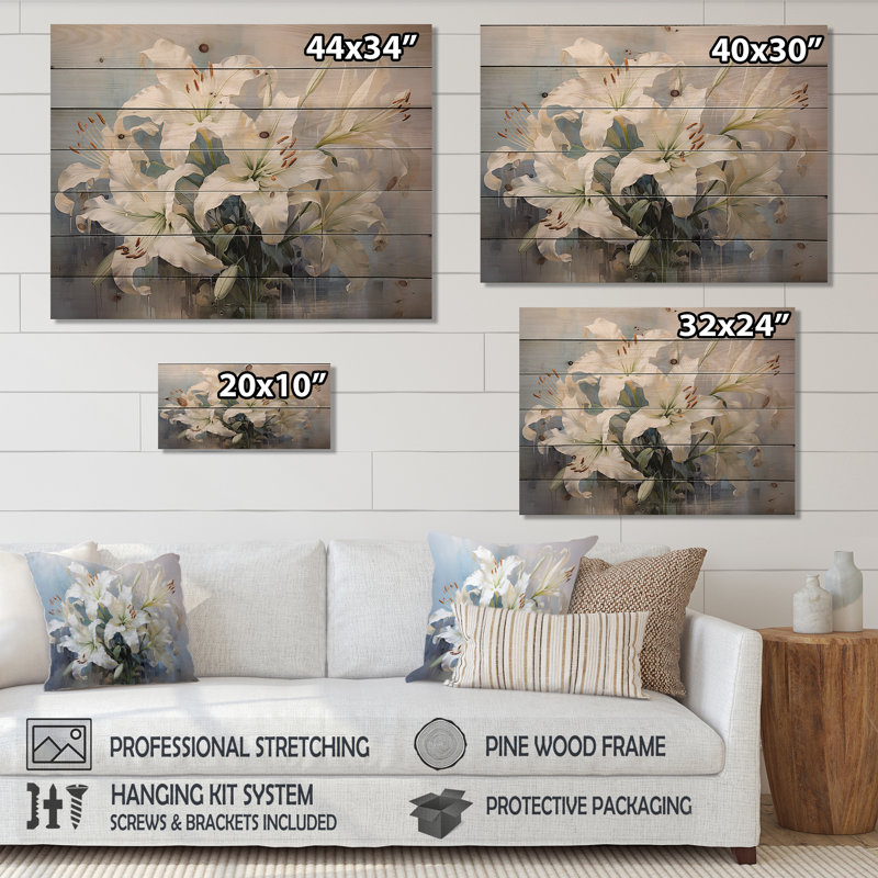Lys blancs en fleurs - lys, art mural sur bois de pin naturel, H 24 po x l 32 po