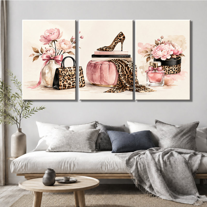 3 panneaux muraux aquarelle léopard, impression sur toile pivoine, mode, 20 * 30 pouces * 3