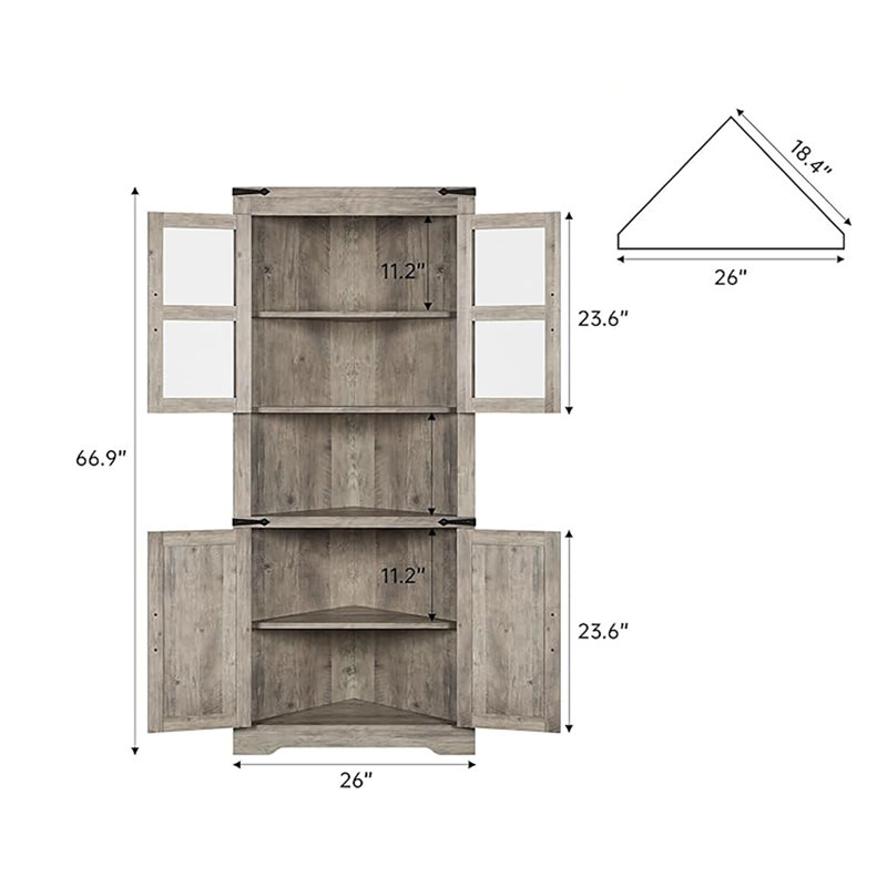 Tall Corner Storage Cabinet With Barn Door & Adjustable Shelves, Gray