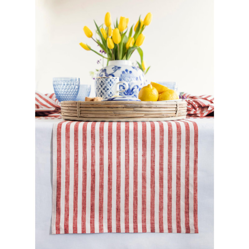 Amalfi Stripe - 100% Pure Linen Table Runner, Red/White, 132" x 14"