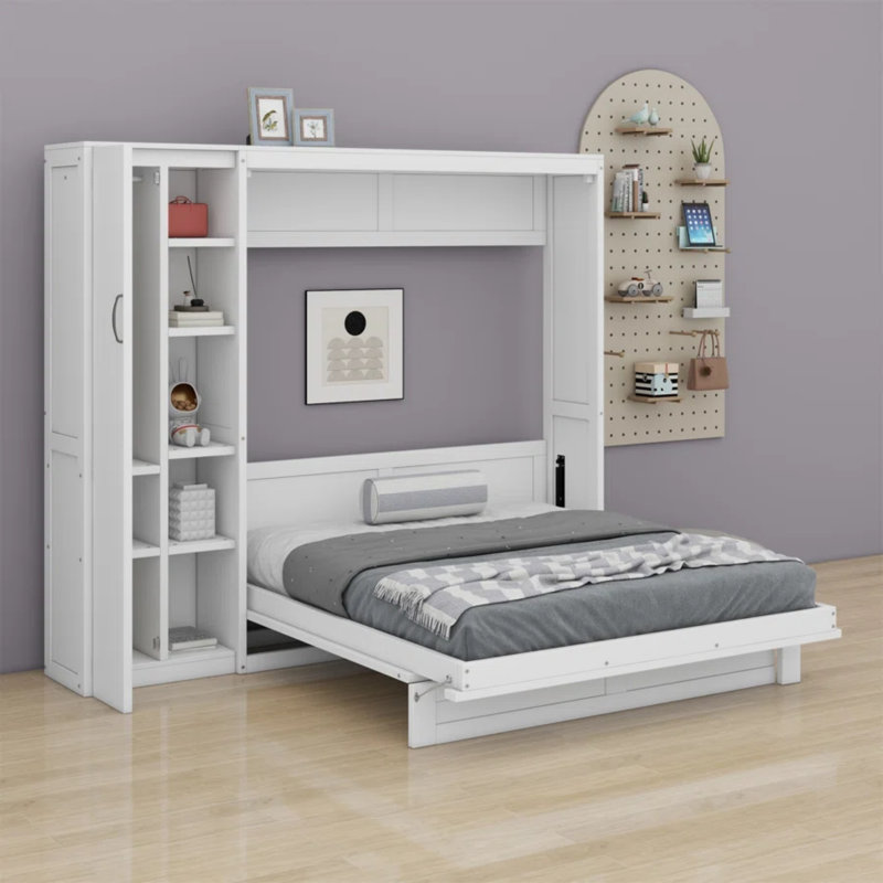 Lit escamotable avec tablettes, armoire et lumières DEL Gulshara, gris, Double