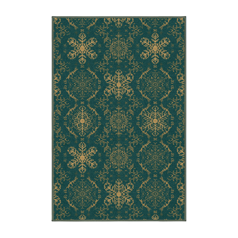 Tapis abstrait moderne et contemporain lavable à la machine de Noël en bleu Rhawnhurst - reliure vert sauge, 7 x 9