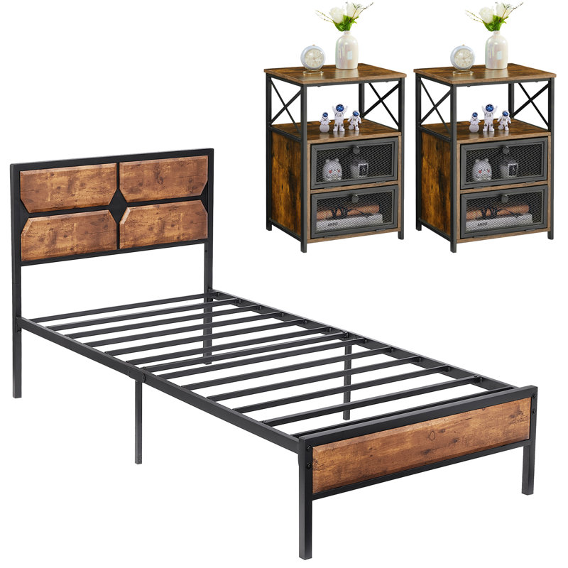 Ensemble de chambre configurable avec lit plateforme 3 pièces Kempst, Brun / noir, Simple