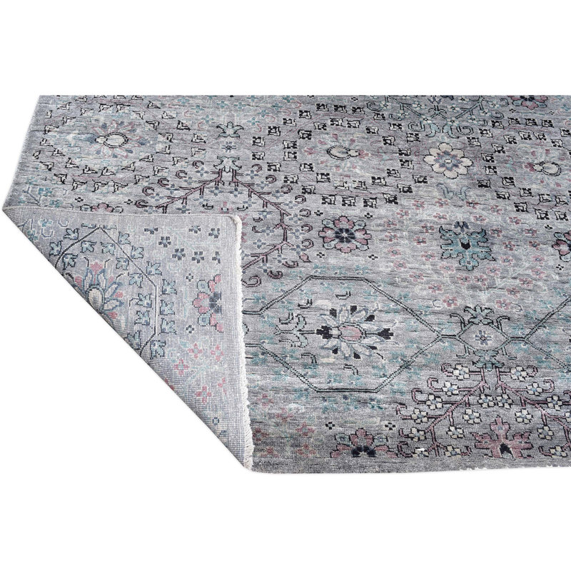 Tapis rectangulaire gris / noir / bleu en viscose noué à la main Southwestern, Rectangle 8 pi x 10 pi
