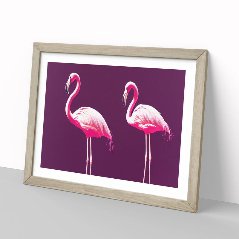 Flamingos - Single Picture Frame Print, 25cm H x 34cm W x 2cm D, Oak Framed