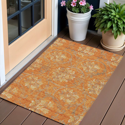 Tapis extérieur lavable floral orange gris et beige 3 pi x 5 pi