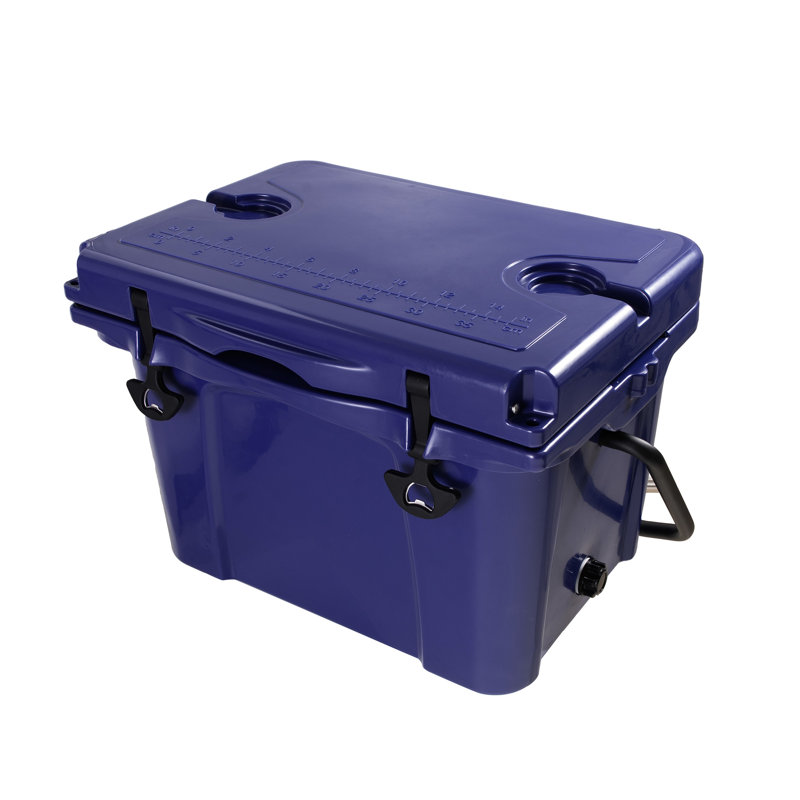 Glacière portative de 25 pte avec rétention de froid de 5 jours, ouvre-bouteille et porte-gobelet. Idéal pour le camping de longue distance. Pieds en plastique bleu antidérapant en plastique robuste. Plage parfaite