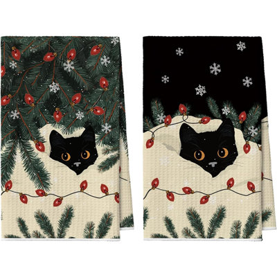 Cat Pine Branch Lamp Winter Kitchen Towels Quick Dry Microfiber Cloth Dish Towels For Kitchen Drying Set Of 2
