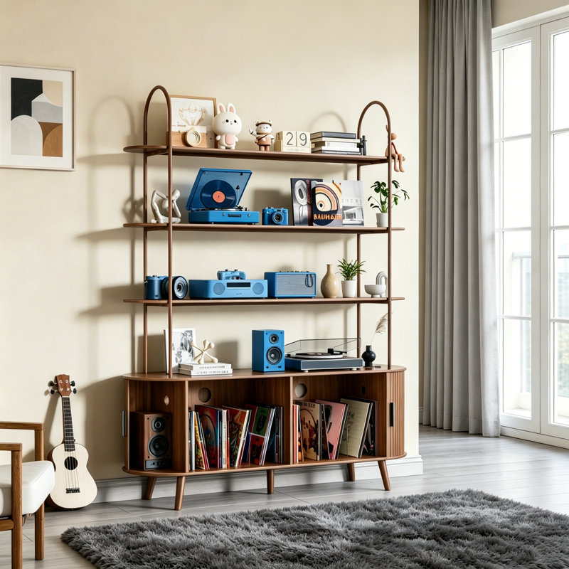 Tall Large Vinyl Record Player Stand, Fluted Long Record Storage Cabinet with Sliding Doors, 4 Tier Media Display Shelf for Living Room