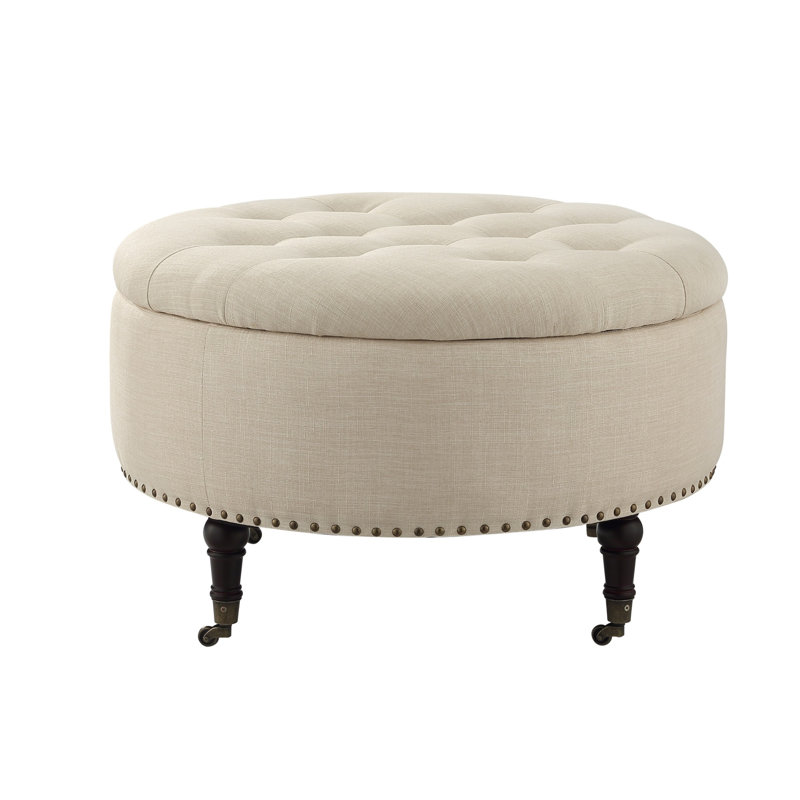 Rangement rond touffeté à roulettes Haytham, 100 % lin beige