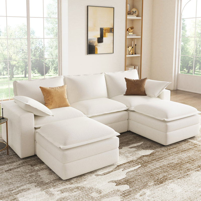 U Shaped Sectional Sofa, Double-layer Cushion Cloud Couch With Ottoman, Modular Sectional For Living Room, Off-white