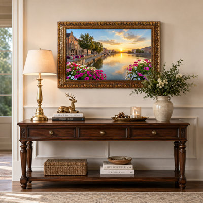 Art mural en toile noyer doré encadré pour salon, chambre à coucher, bureau ou vestibule - décoration murale décorative avec canal coucher de soleil