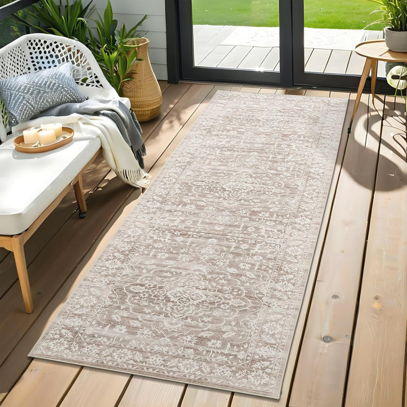 Machine Washable Medallion Floral Area Rug(Brown), Runner 2'6" x 8'
