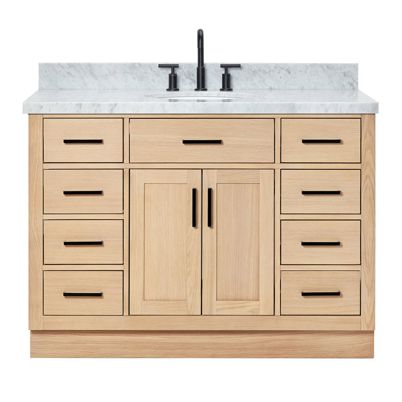 Meuble-lavabo simple en bois massif 48 po avec lavabo en marbre de Carrare 1,5 po Tidworth, Chêne naturel, Ovale