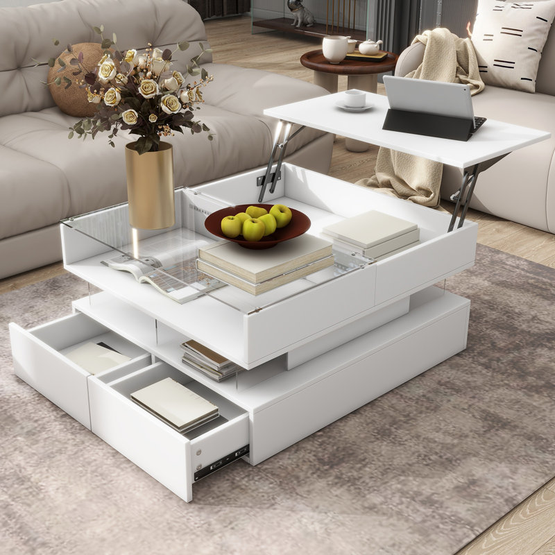 Table basse moderne carrée avec plateau en verre et finition ultrabrillante