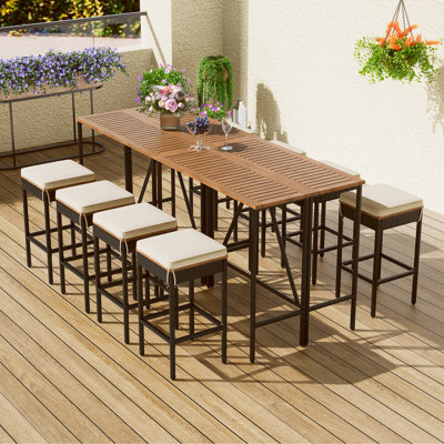 Table de bar d'extérieur en bois d'acacia 10 pièces et huit tabourets avec coussins