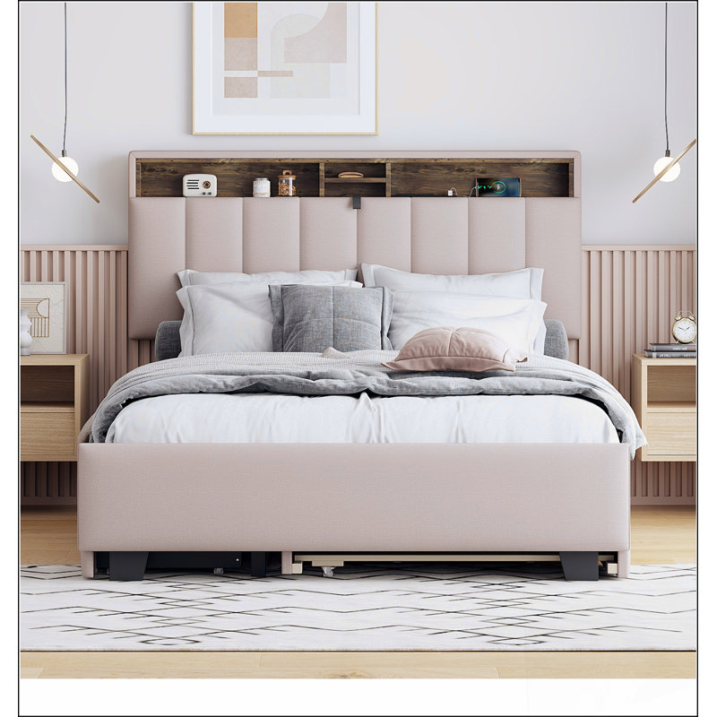 Lit plateforme tapissier avec tête de lit de rangement, lit gigogne simple, tiroirs et charge pour les chambres à coucher modernes