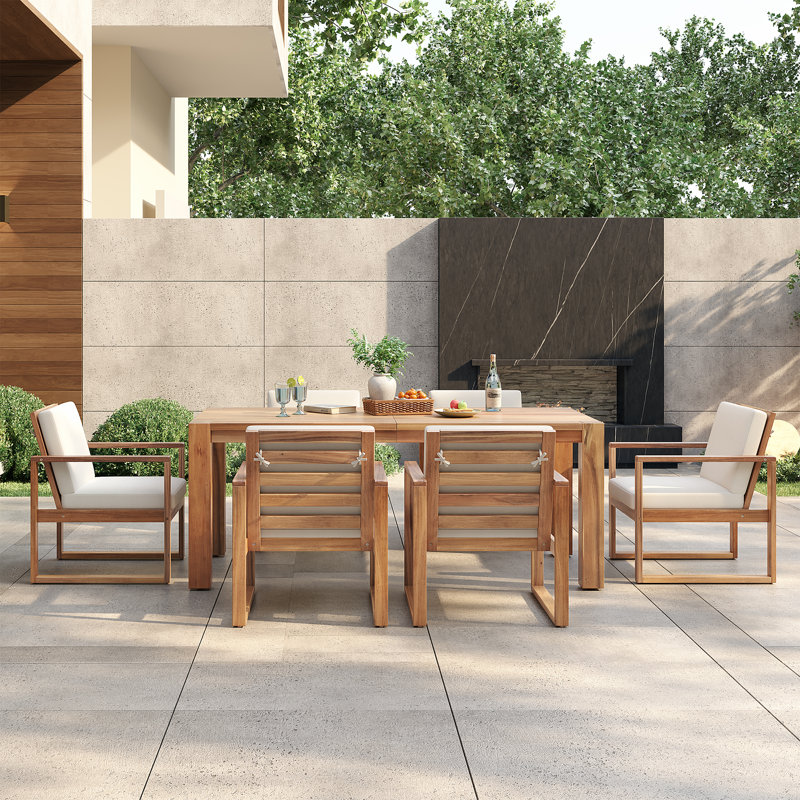 Ensemble repas d'extérieur, ensemble de table et chaises de patio avec trou pour parasol, structure en bois avec coussin amovible