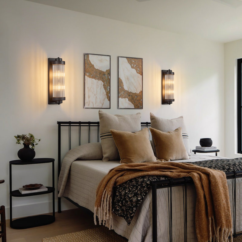 Modern Ribbed Glass Rod Cylindrical Wall Sconce (Set of 2), Matte Black, 15.74"H x 4.33"W x 5.51"D