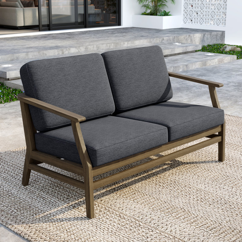 Clinkscales Solid Wood Teak Outdoor Loveseat With Cushion And Arms, Brown, Dark Gray