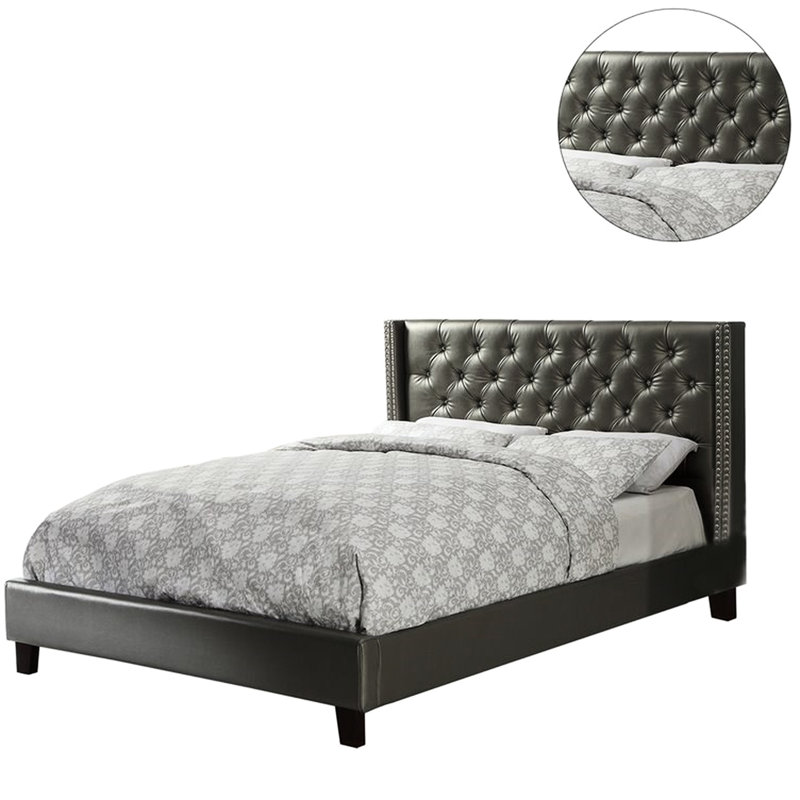 Lit double avec tête de lit tapissier en similicuir argent et pieds pour la décoration