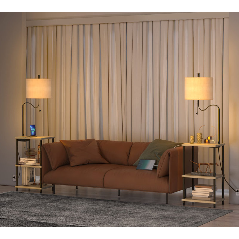 Set Of 2 Modern Grey End Tables With Lamps And USB Ports, Versatile Nightstands For Bedroom And Living Room