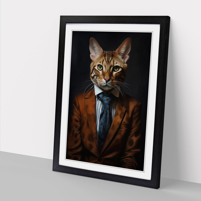Bengal Cat In A Suit Painting No.2 - Single Picture Frame Print on Wood, Black Framed, 34cm H x 25cm W x 2cm D