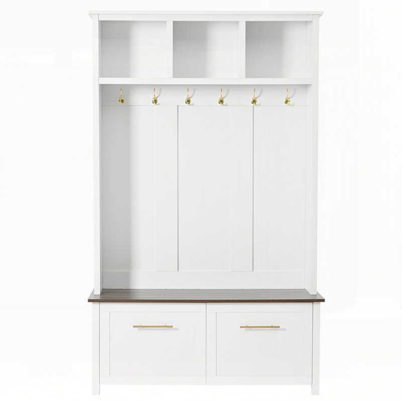 Versatile 4-in-1 Hall Tree with 6 Hooks, Wood Grain Bench, and Multiple Storage Options for Entryway Organization, White