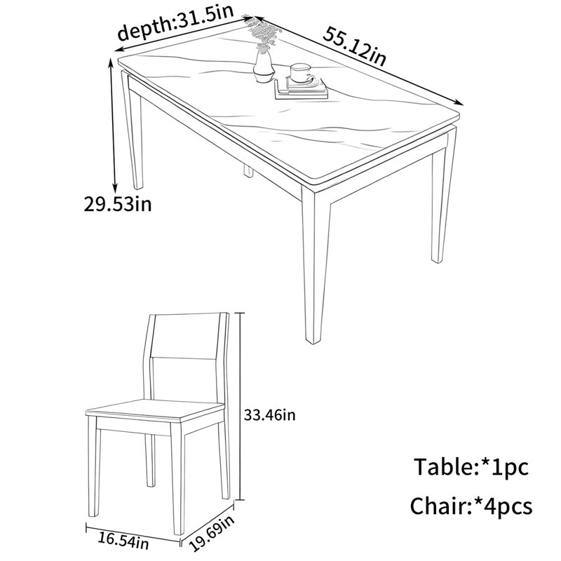 Rectangular small-sized dining table, 29.53"H x 55.12"L x 31.5"W