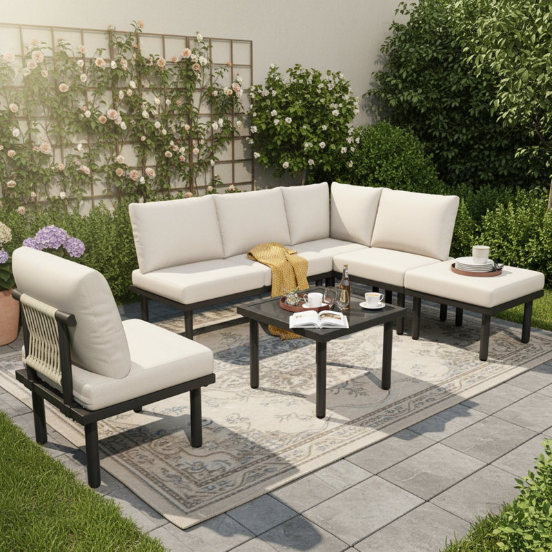 6 Piece Garden Lounge Set, Galvanized Iron Frame With Adjustable Feet, Smooth Glass Table Top, Rope Woven Design & Olefin Fabric Cushions